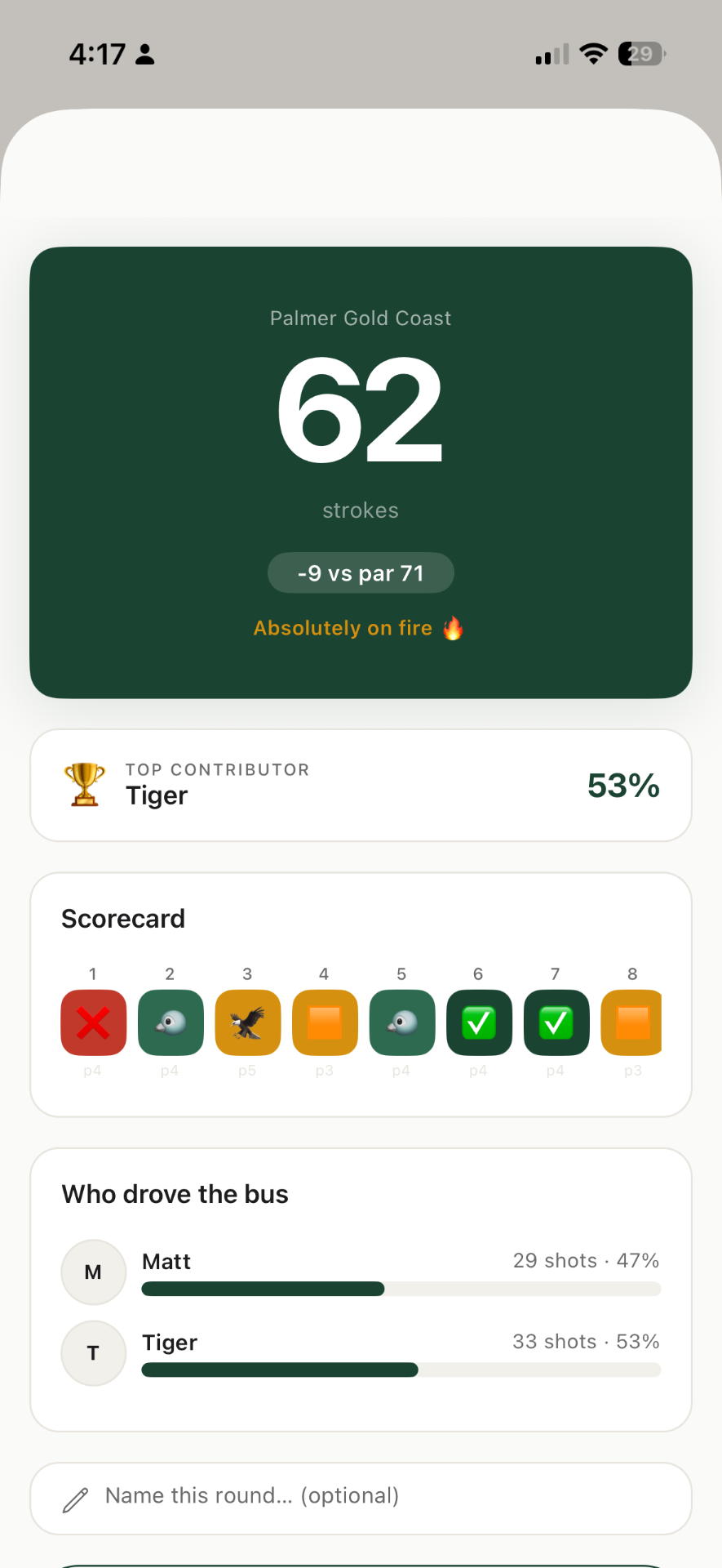 Round summary showing 62 strokes, top contributor, scorecard and who drove the bus